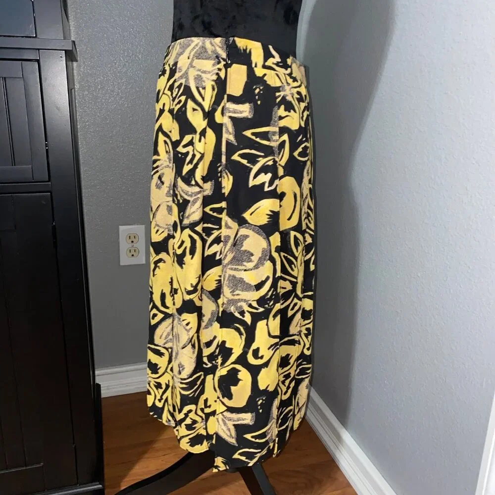 Who What Wear Womens Size 8 Yellow Black Floral Midi Skirt Tie Belt High Waist - Picture 5 of 8